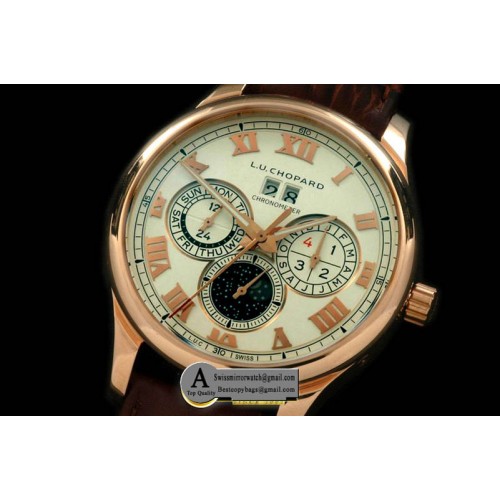 Chopard LUC Big Date Chronograph Rose Gold Leather White Asia 2813 Replica Watches