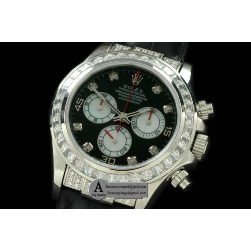 Rolex Daytona 2011 SS SQ Diamond Leather Black White Diamond A 7750 Sec@6 28800 Replica Watches