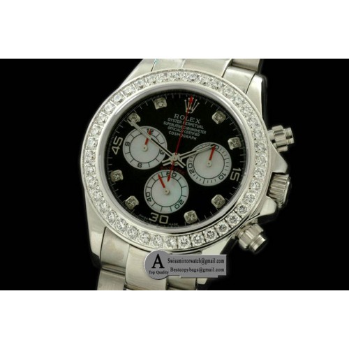 Rolex Daytona 2011 SS Diamond SS Black White Diamond A-7750 Sec@6 28800 Replica Watches