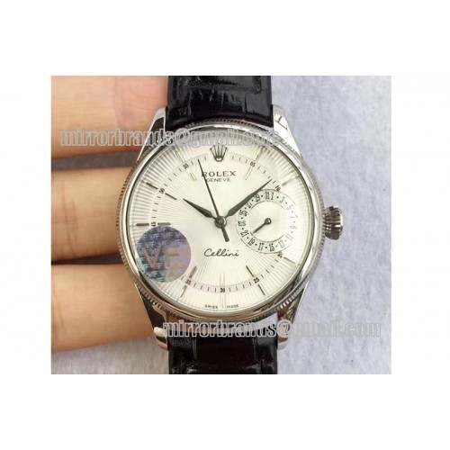 Rolex Cellini Date SS White Dial Sticks Markers on Black Leather Strap A3165