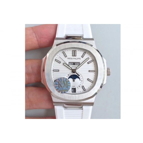 Patek Philippe Nautilus Moonphase SS V2 KMF White Dial On White Rubber Band Calendar Movement Patek Philippe Nautilus Moonphase SS V2 KMF White Dial On White Rubber Band Calendar Movement