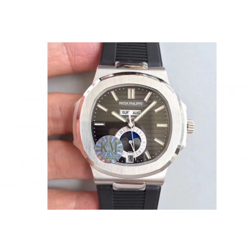 Patek Philippe Nautilus Moonphase SS V2 KMF Black Dial On Black Rubber Band Calendar Movement Patek Philippe Nautilus Moonphase SS V2 KMF Black Dial On Black Rubber Band Calendar Movement