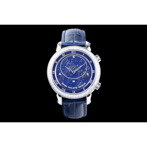 Patek Philippe 6104P Moon SS Blue Dial Diamond Bezel on Blue Leather Strap A240 V2