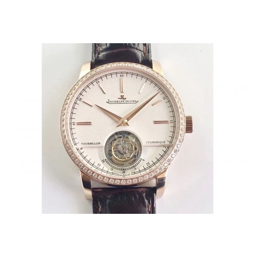 Jaeger-LeCoultre Master Ultra Thin Tourbillon R8 Factory RG Diamond Bezel Whtie Dial on Brown Leather Strap Cal.982