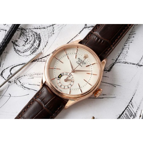 Rolex Cellini Dual Time RG KZF Silver Dial Sticks Markers on Black Leather Strap 23J