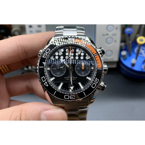 Omega Planet Ocean Master Chronometer OMF SS Black/Orange Polished Bezel Black Dial on SS Bracelet A9900 Omega Planet Ocean Master Chronometer OMF SS Black/Orange Polished Bezel Black Dial on SS Bracelet A9900