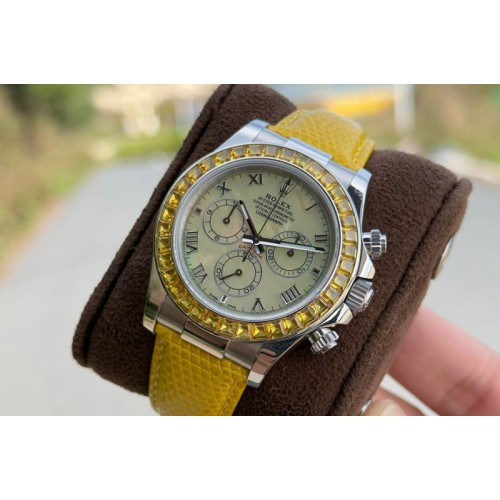 Rolex Daytona Cosmograph Green T Crystals Bezel SS PPMF Best Yellow MOP Dial On Yellow Leather Strap A4801