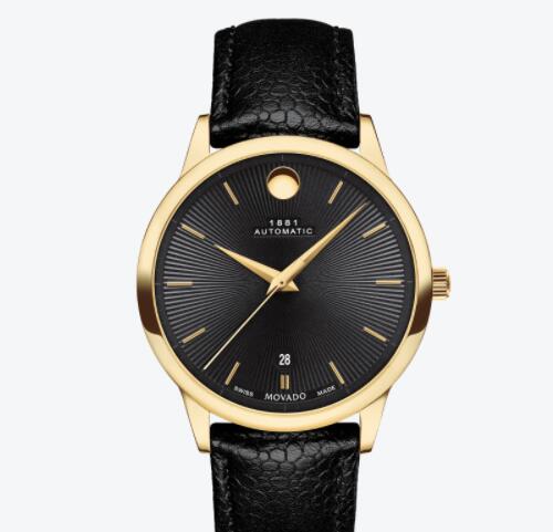 Replica Movado 1881 Automatic gold watch black dial and textured leather strap 0607455 Replica Movado 1881 Automatic gold watch black dial and textured leather strap 0607455