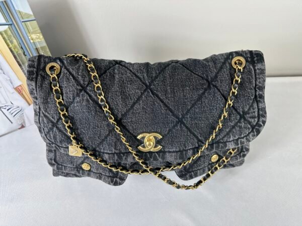 Chanel 25K Black Denim Maxi Hobo Bag