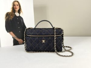 IMG_0597 Chanel 26P Dark Blue Denim Slim Vanity with Light Gold Hardware