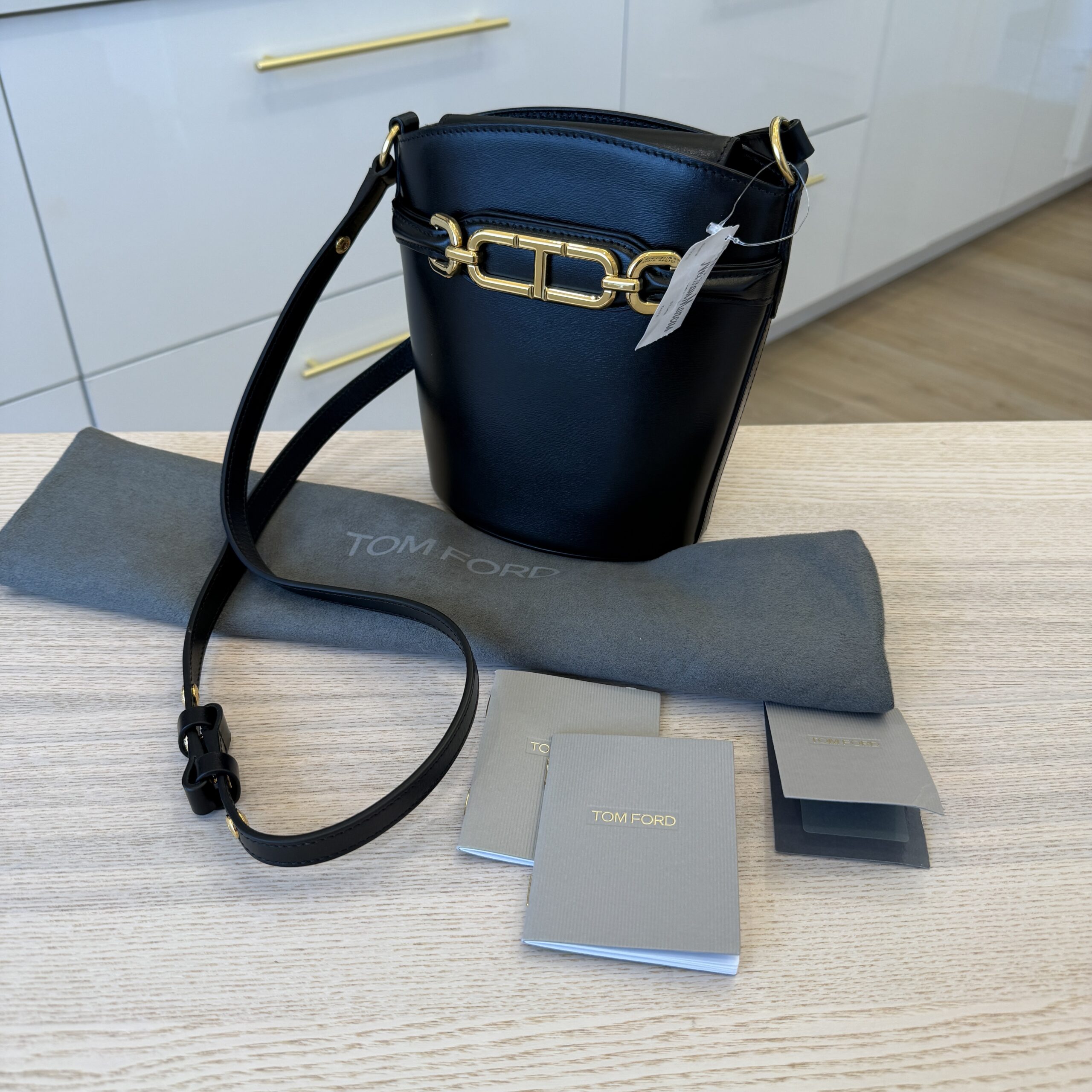 Tom Ford Whitney Palmellato-Effect Small Bucket Bag Black Gold Hardware