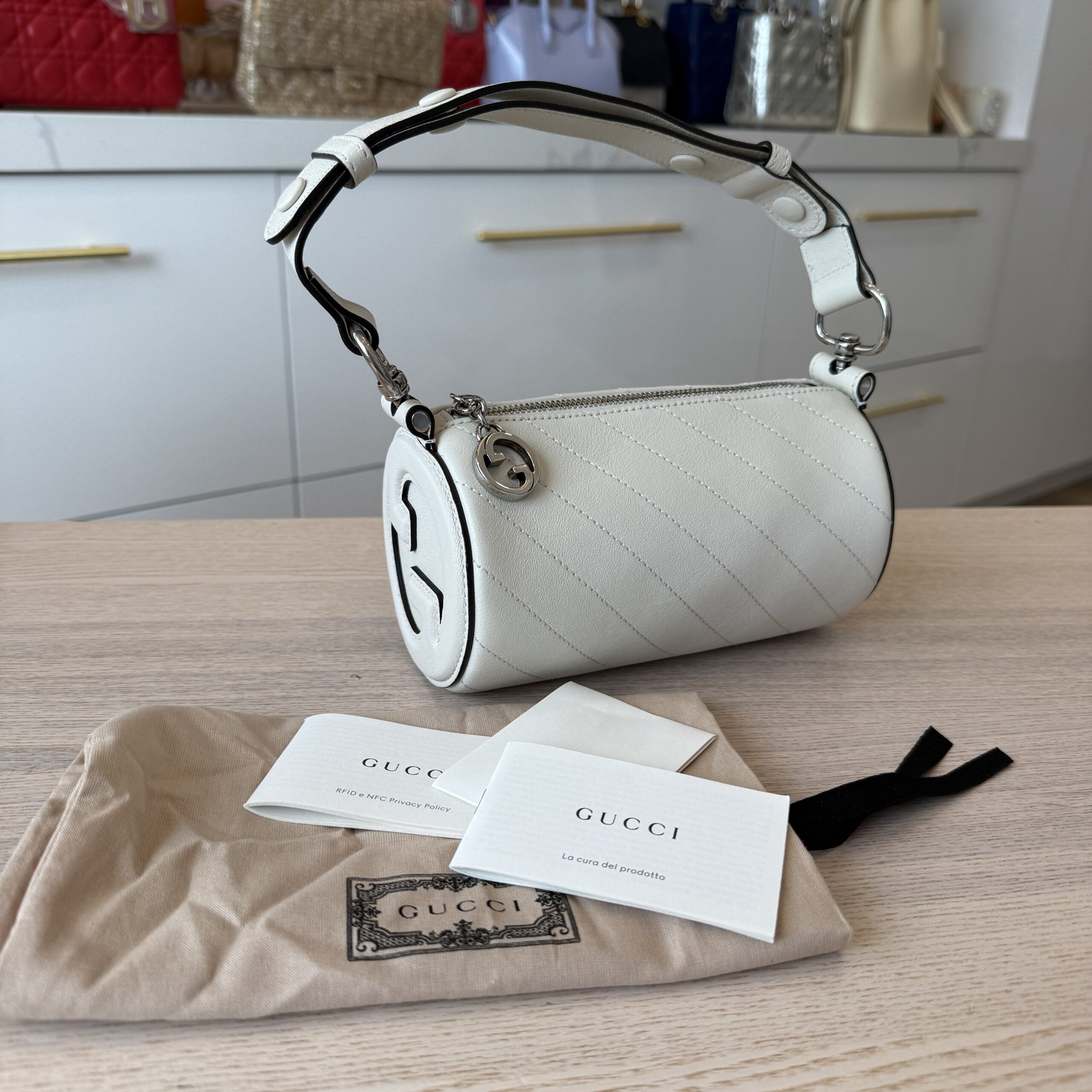 Gucci GG Calfskin Diagonal Stitched Mini Blondie Barrel Shoulder Bag