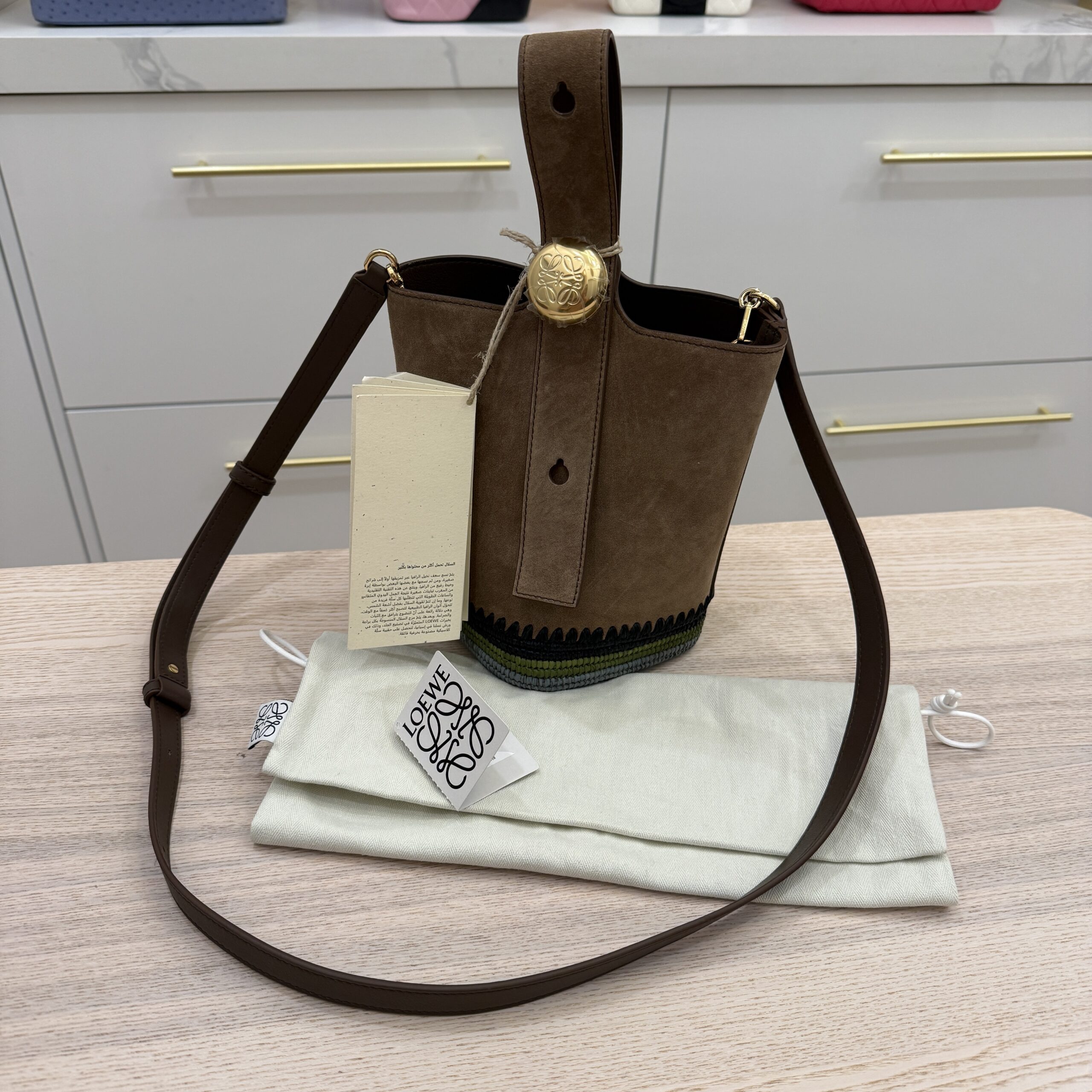 LOEWE x Paula's Ibiza Mini Pebble Suede & Raffia Bucket Bag