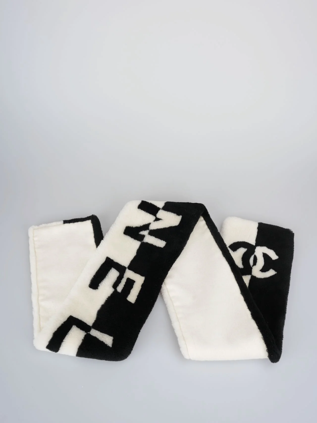 used-Chanel Shearling Cashmere CC Scarf in Black and White-MILOURA