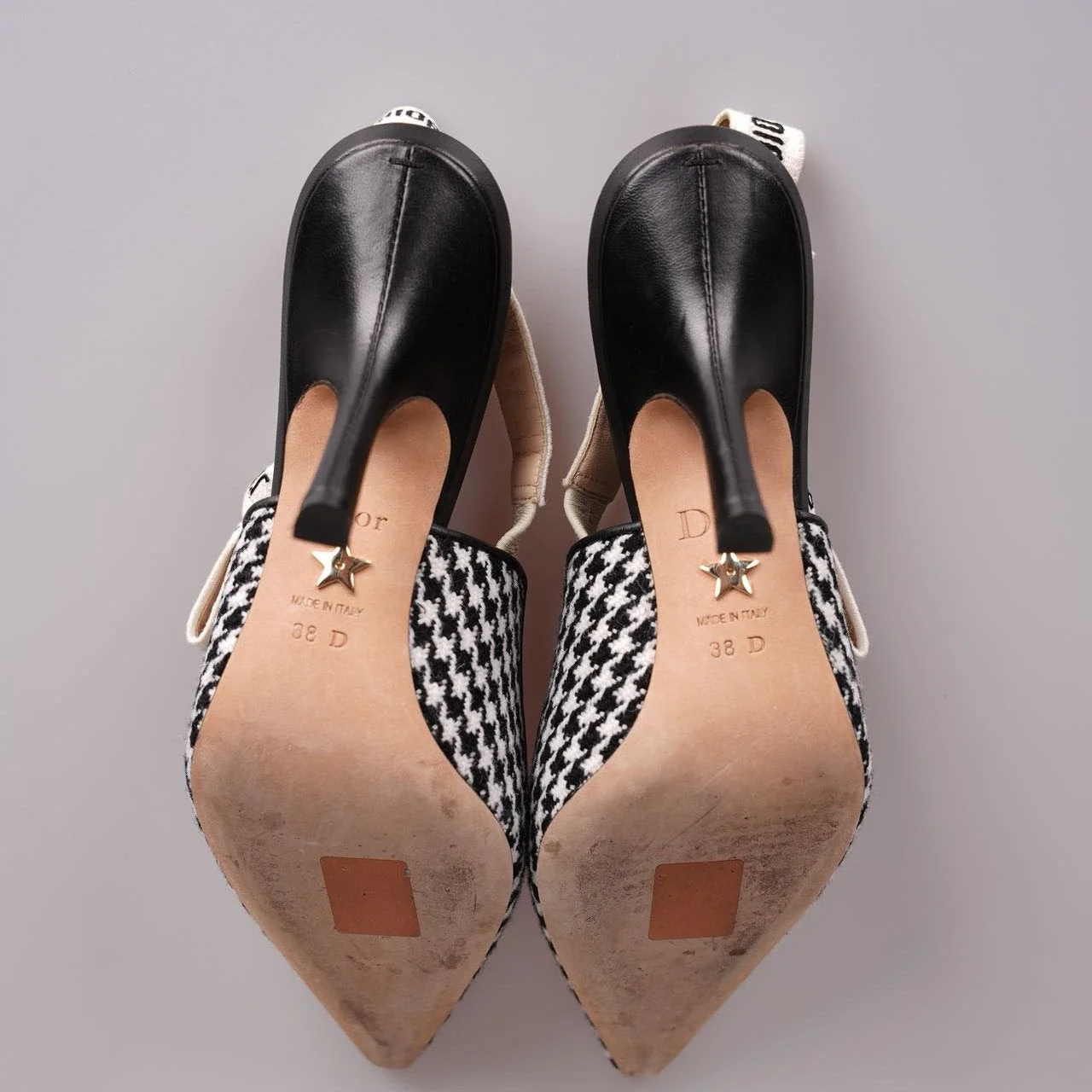 used-Christian Dior Wool Ribbon Houndstooth J'Adior Slingback 8cm Pumps 38D Black White-MILOURA