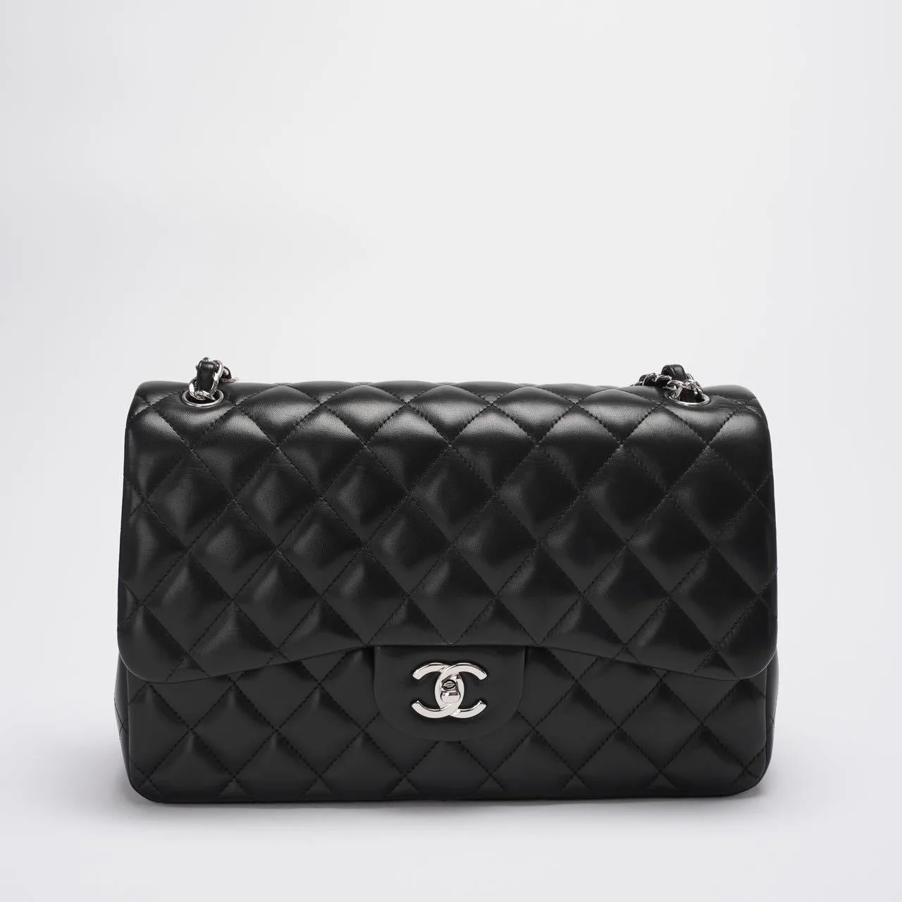 Chanel Classic Flap Bag Lambskin Black Bag Jumbo in Silver Hardware
