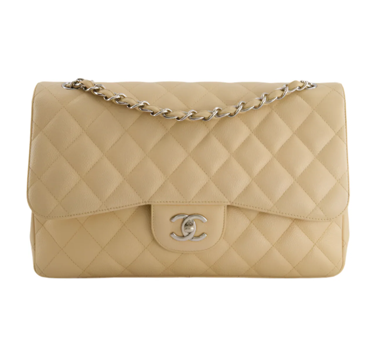 used-Chanel timeless Flap Bag Beige Jumbo size Caviar Leather with Silver Hardware-MILOURA