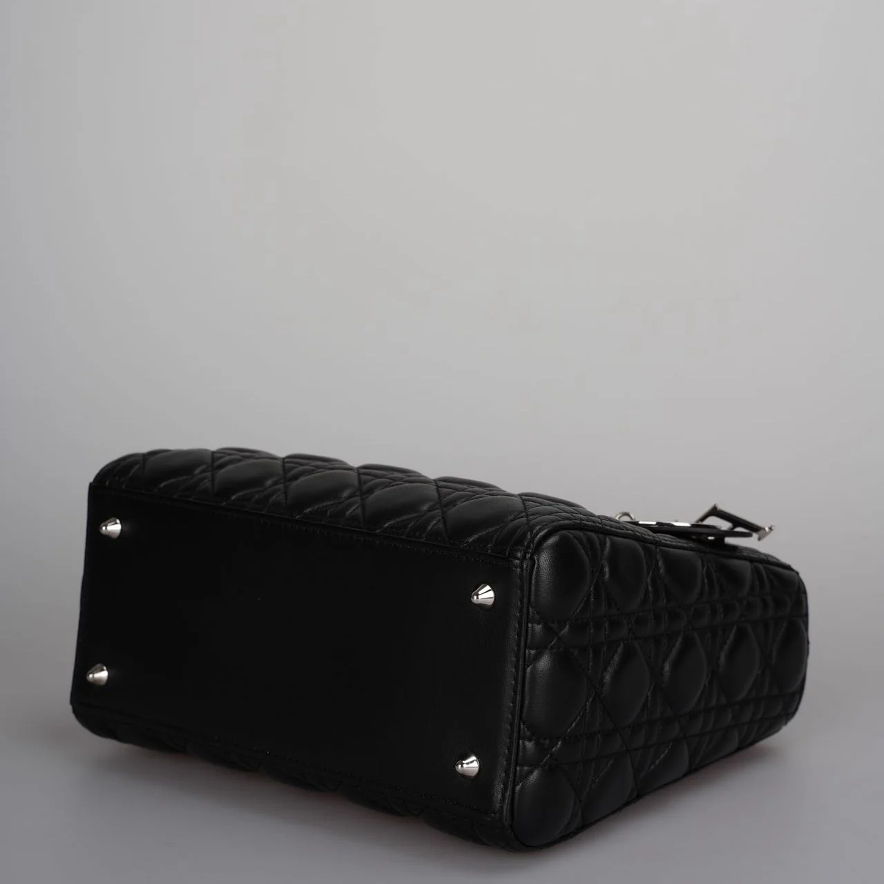 used-Christian Dior Black Medium Lady Dior Bag in Cannage Lambskin Leather with Silver Hardware-MILOURA