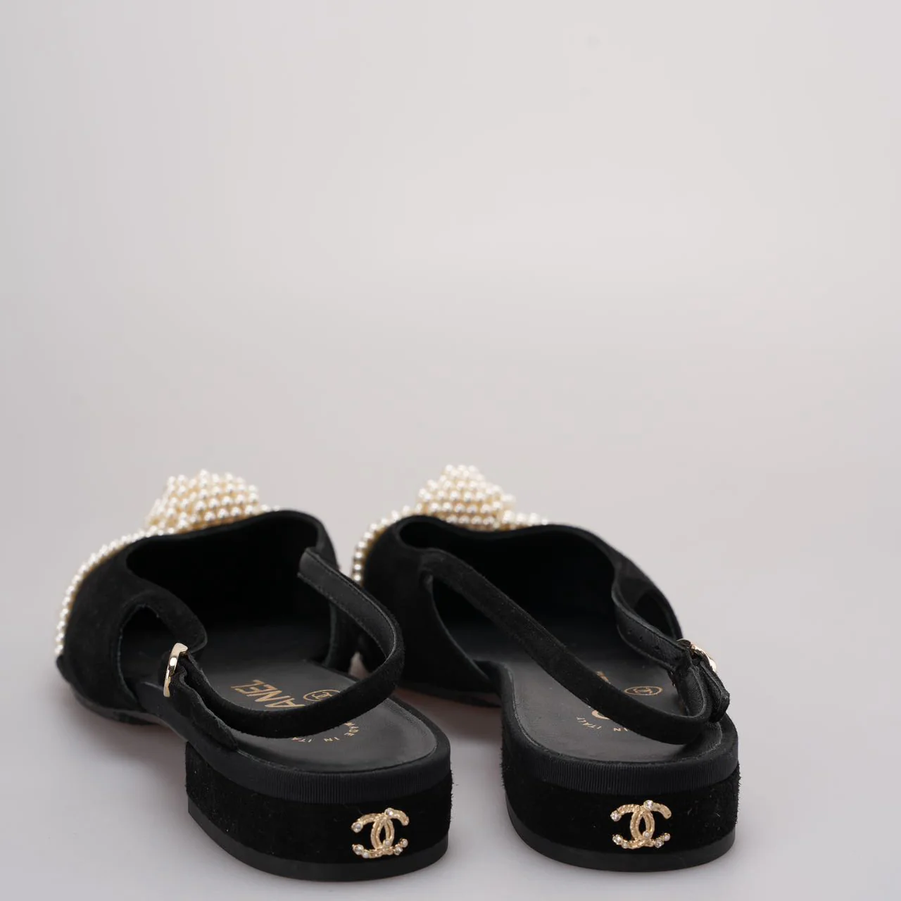 used-Chanel Slingback Satin Pearl Flats Black Size 37.5-MILOURA
