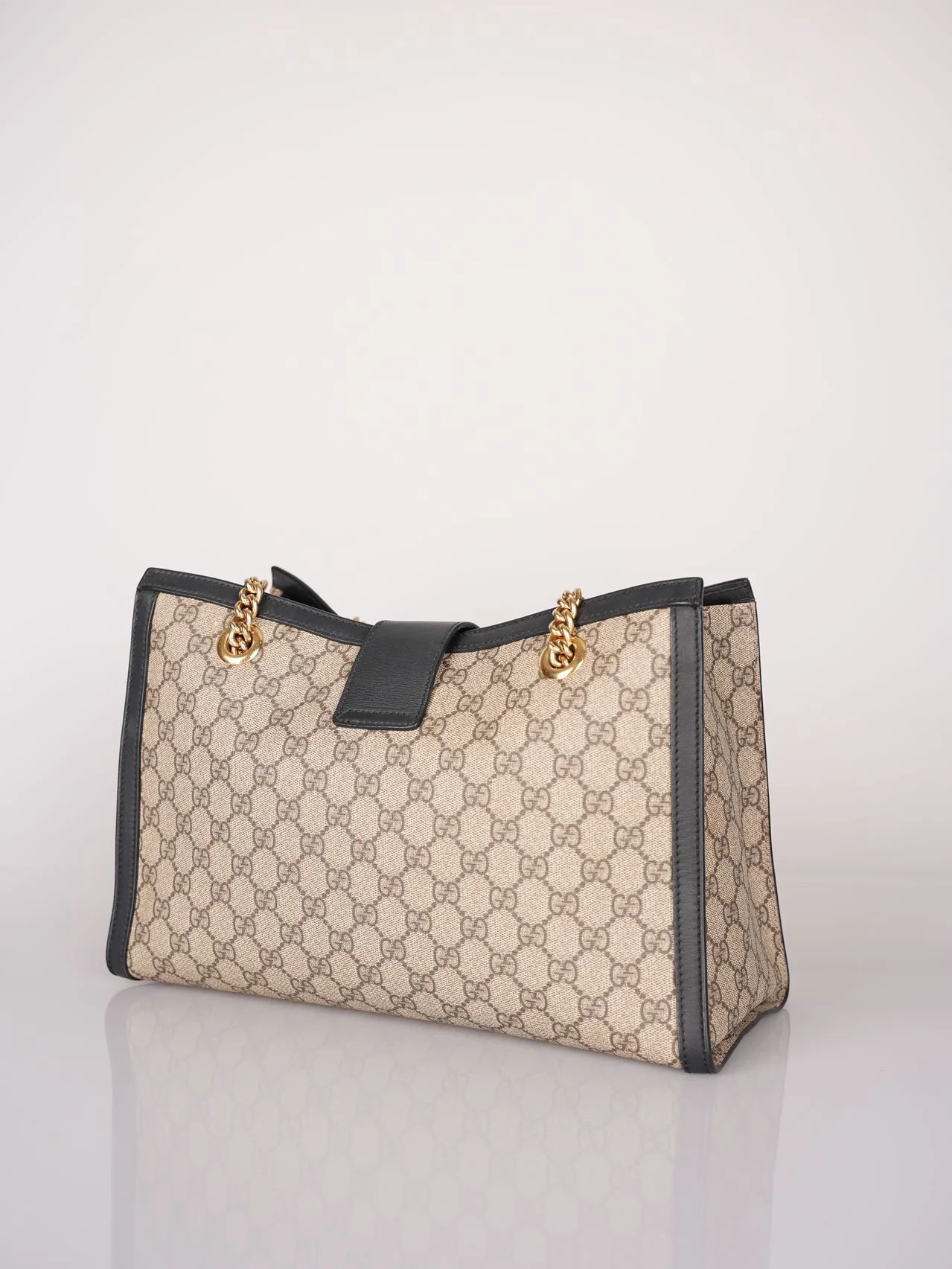 used-Gucci GG Logo Supreme Canvas Leather Padlock Tote Bag in Beige/Black in medium-MILOURA