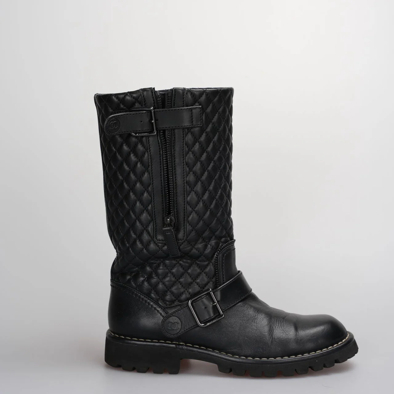 used-Chanel Quilted Motorcycle Boots Black-MILOURA