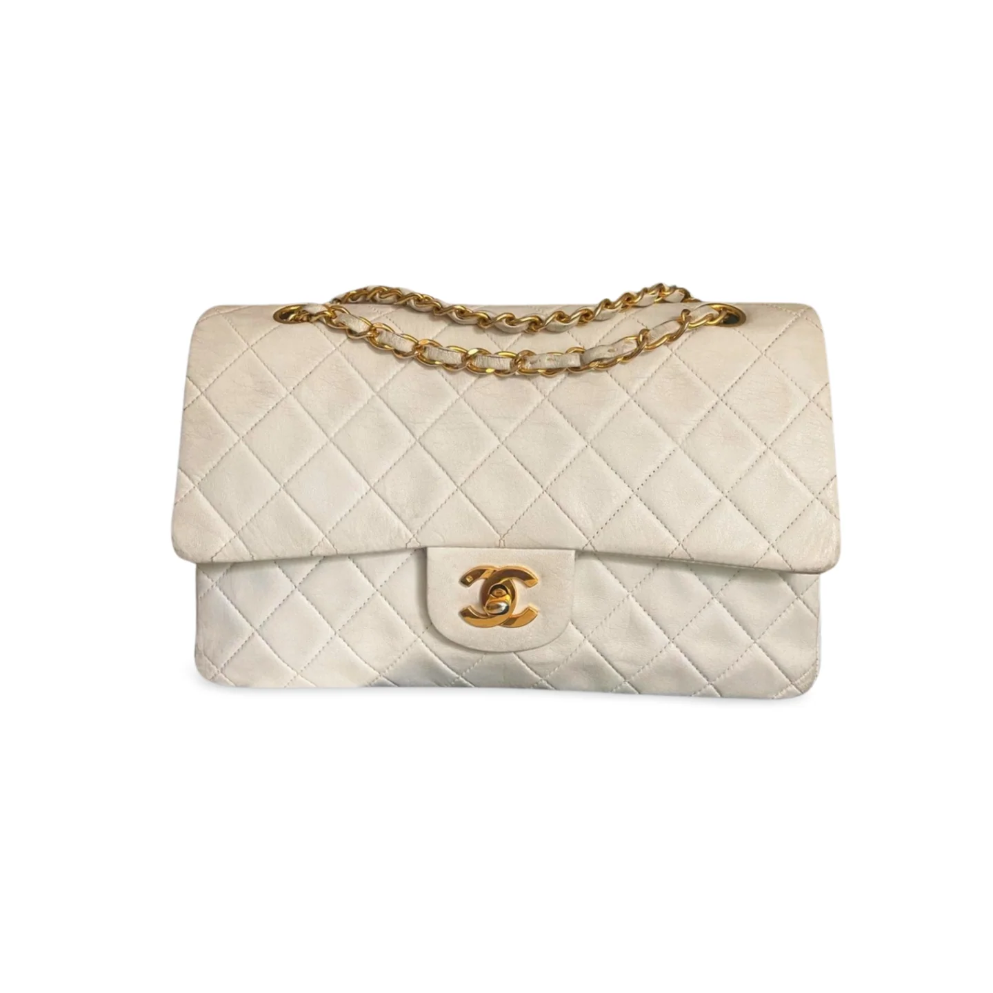 used-Chanel White Vintage Medium Classic Flap Bag in Lambskin Leather with 24K Gold Hardware-MILOURA