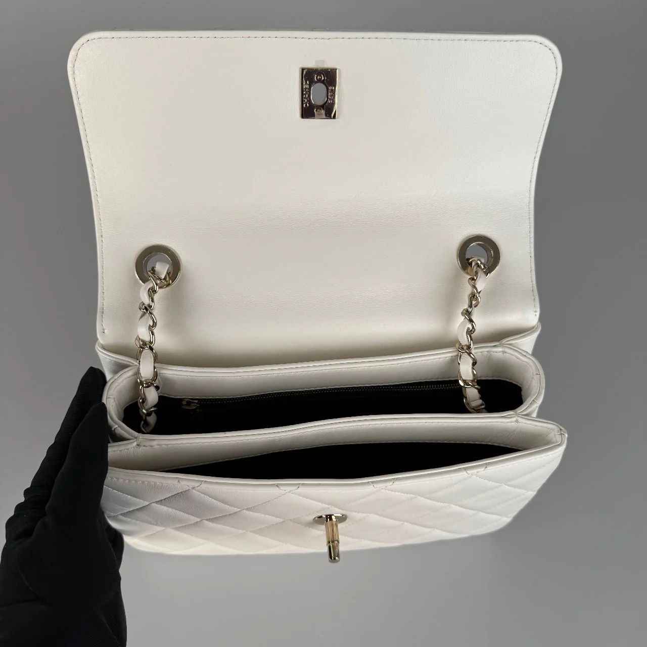 used-Chanel Trendy CC Bag in Lambskin Small White Diamond Quilted with Champagne Gold Hardware-MILOURA