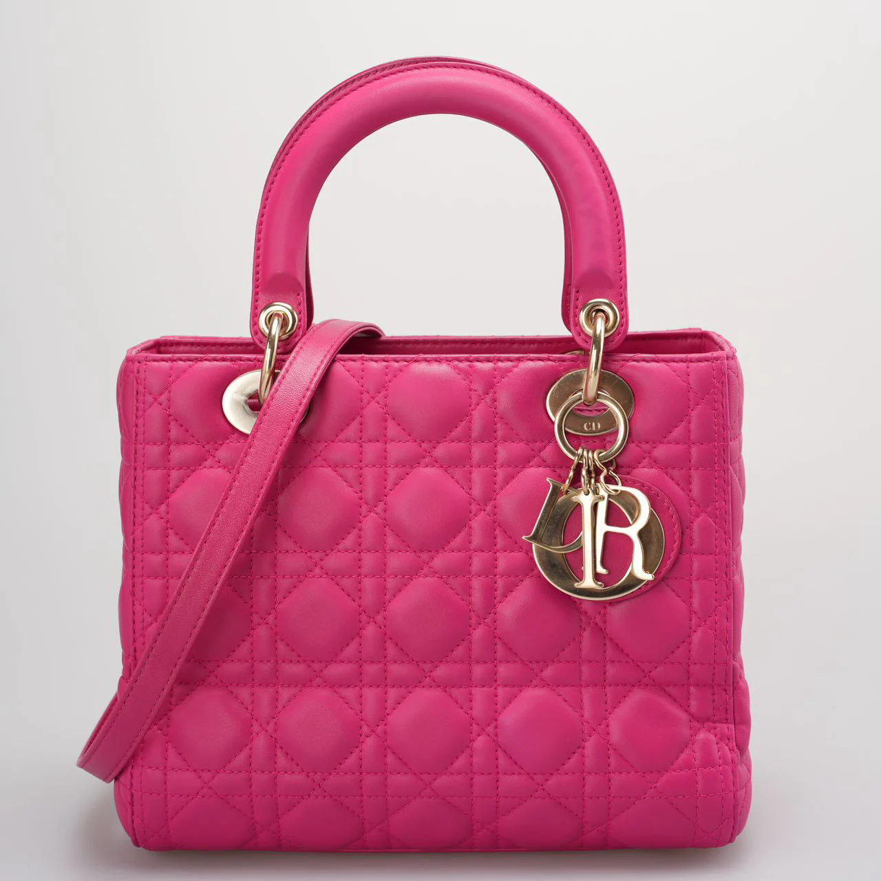 used-Christian Dior Pink Lady Dior Bag in Cannage Lambskin Leather with Gold Hardware Medium-MILOURA