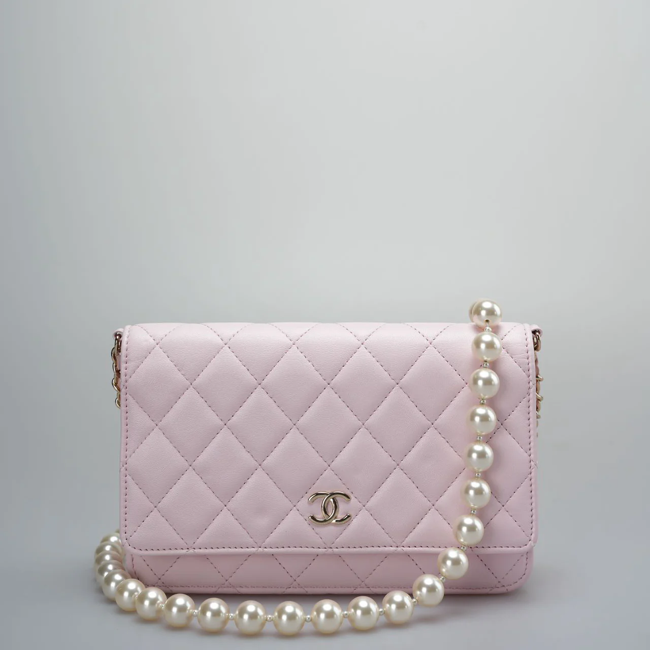 used-Chanel Pink Quilted Lambskin Pearl Wallet on Chain With Gold Hardware-MILOURA