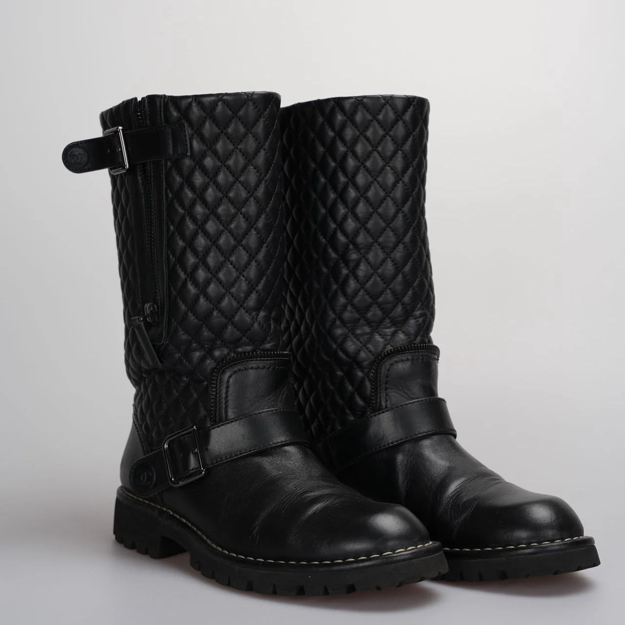 used-Chanel Quilted Motorcycle Boots Black-MILOURA