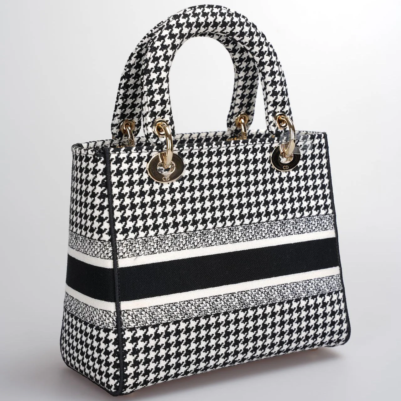used-Christian Dior Black White Houndstooth Canvas Medium Lady D-Lite bag-MILOURA