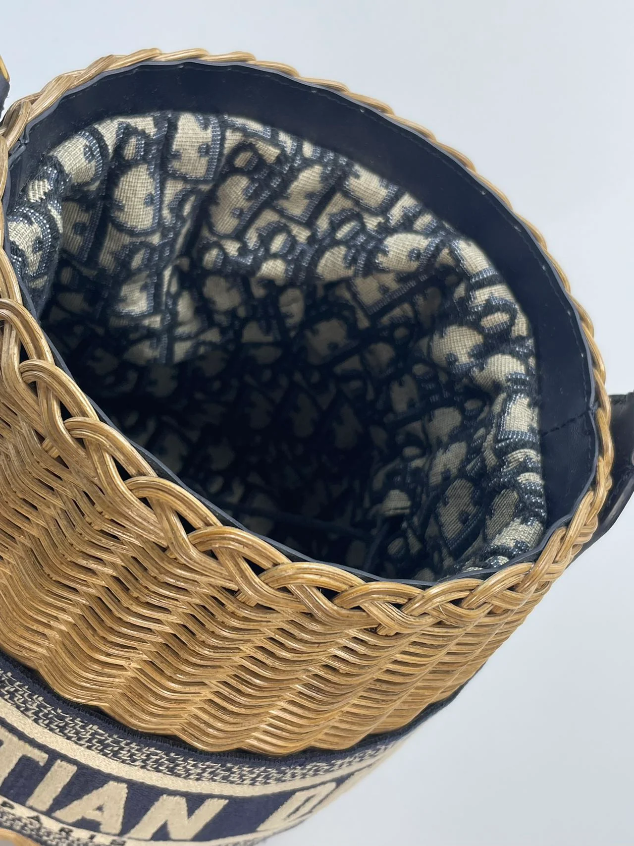 used-Dior Dioriviera Bucket Bag in Wicker and Blue Canvas With Gold Hardware-MILOURA