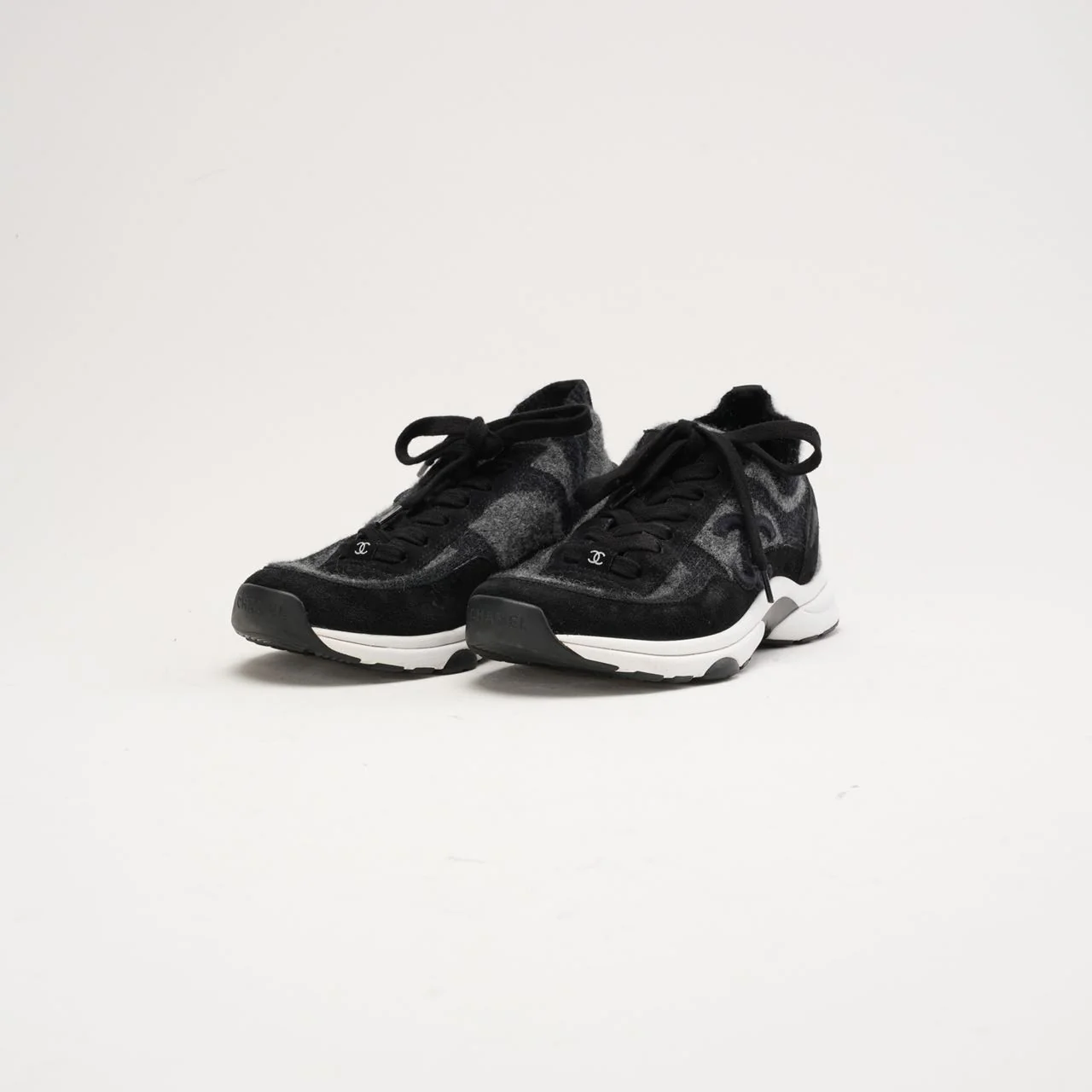 Chanel Knit Fabric Suede Sneakers 39 Grey Black