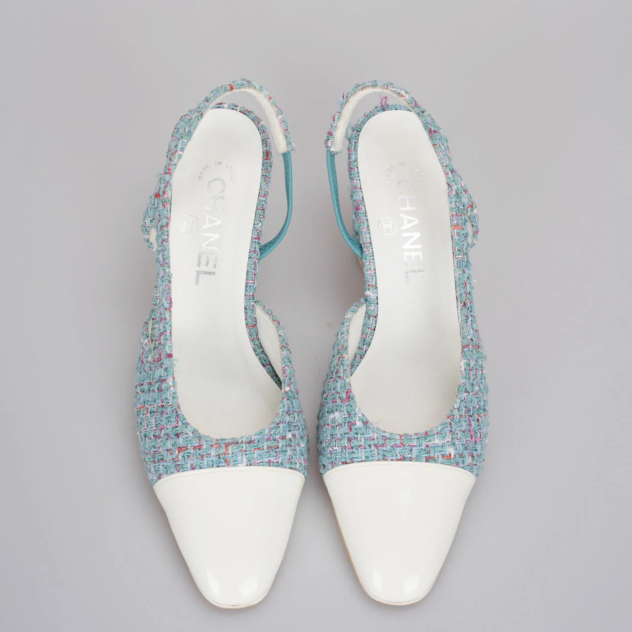 used-Chanel tweed slingback Tiffany blue pumps 38-MILOURA