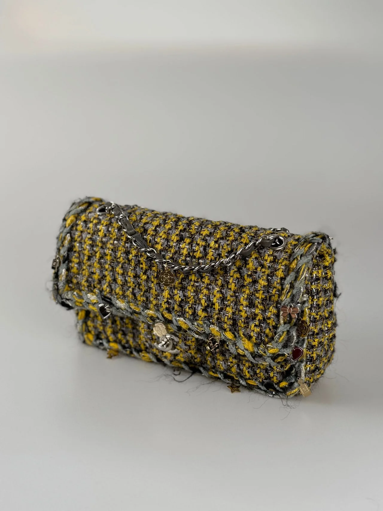 used-Chanel Tweed Braided Charms medium Flap Bag Yellow Grey Black-MILOURA