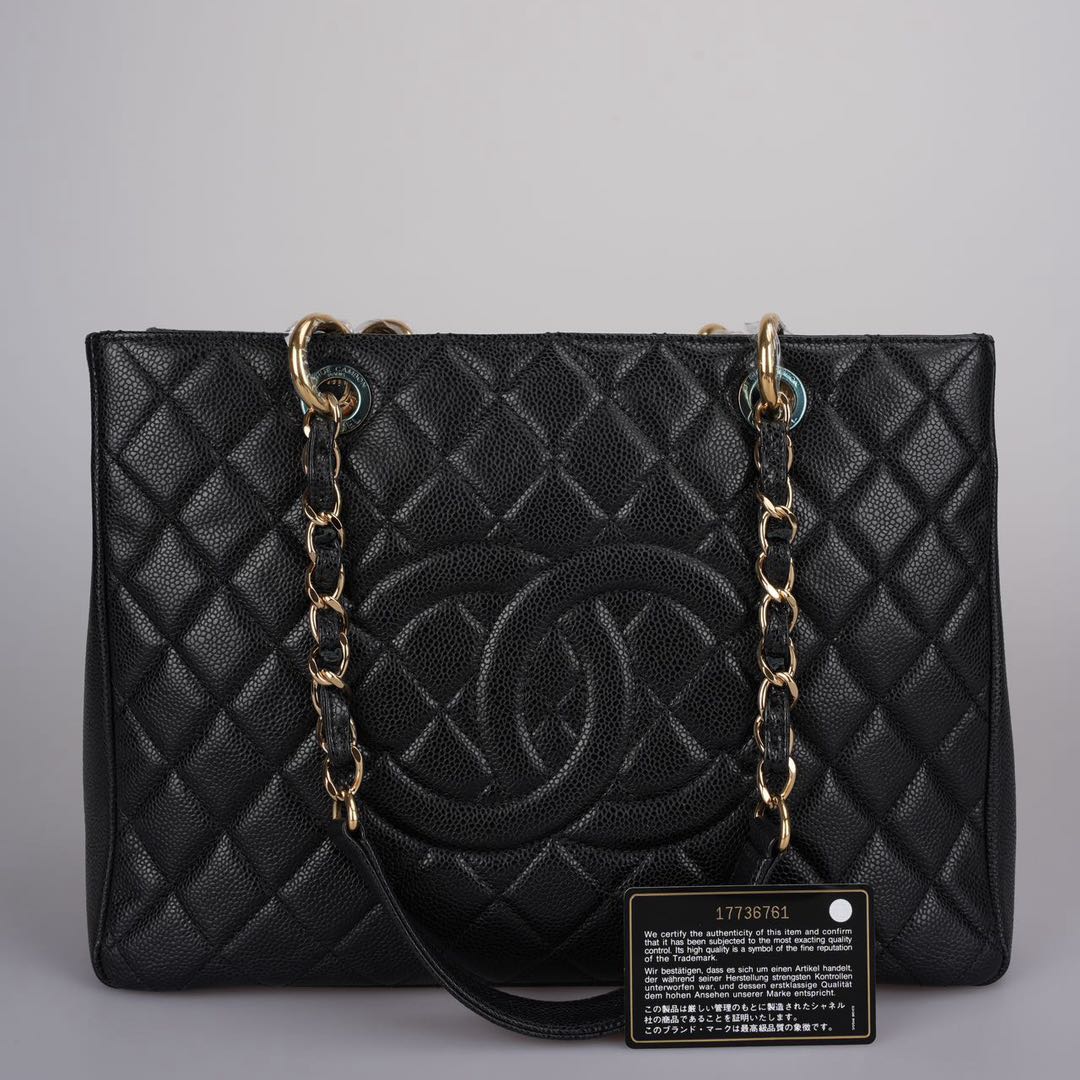 used-Chanel Grand Shopping Tote Black GST Bag in Caviar Leather with Gold Hardware-MILOURA