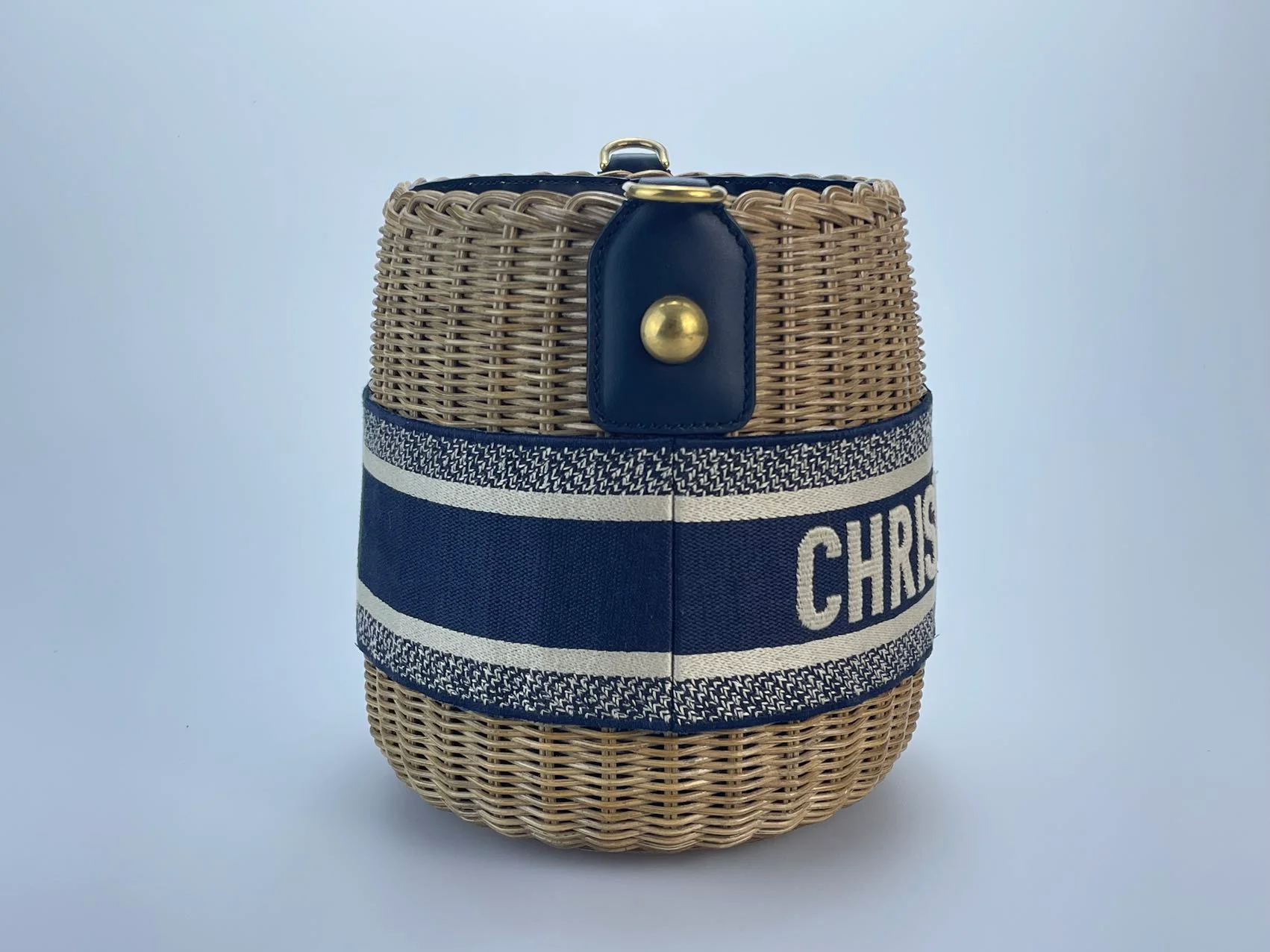 used-Dior Dioriviera Bucket Bag in Wicker and Blue Canvas With Gold Hardware-MILOURA