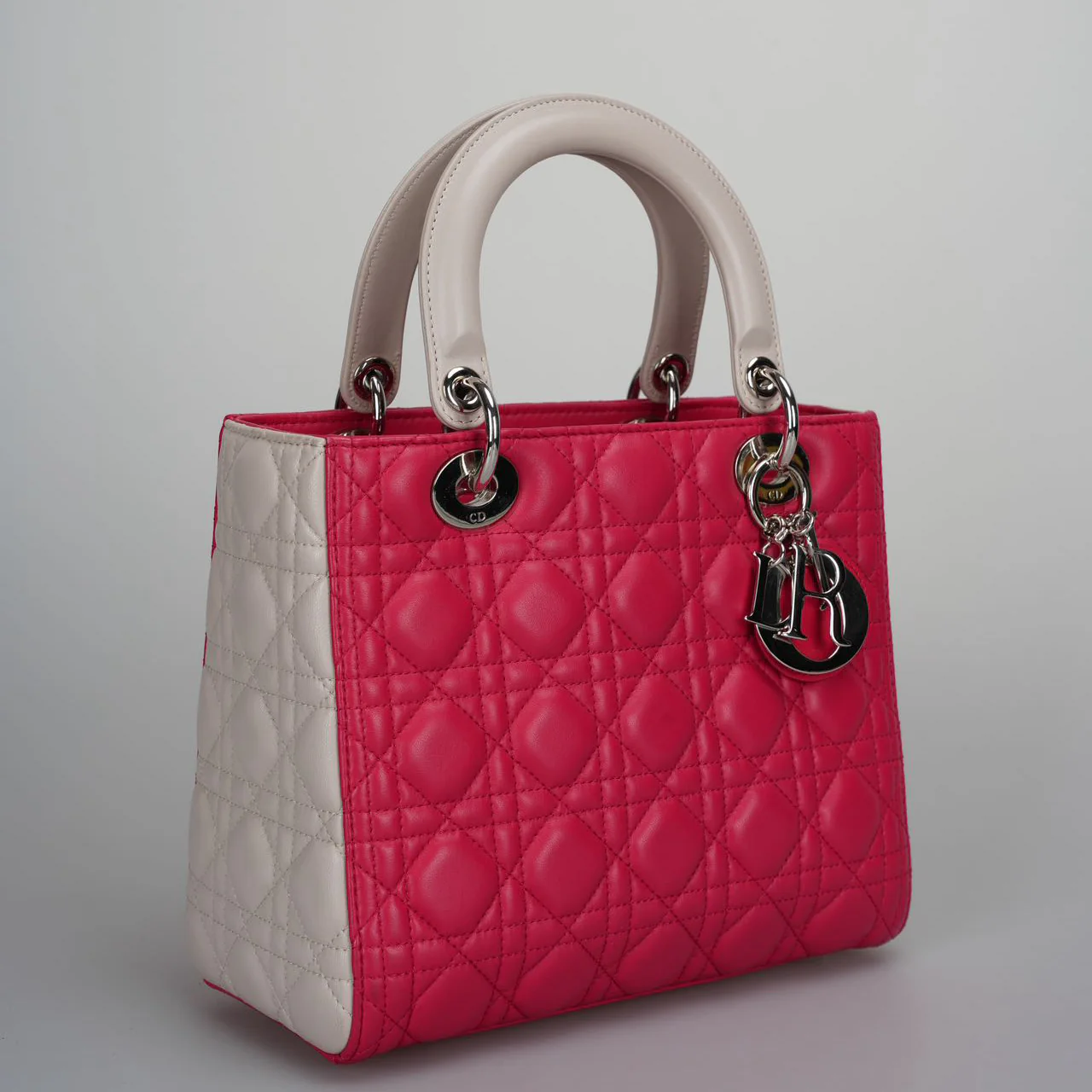 used-Christian Dior Lady Dior Bag Cannage Medium Hand Bag Lamb Skin Red White-MILOURA