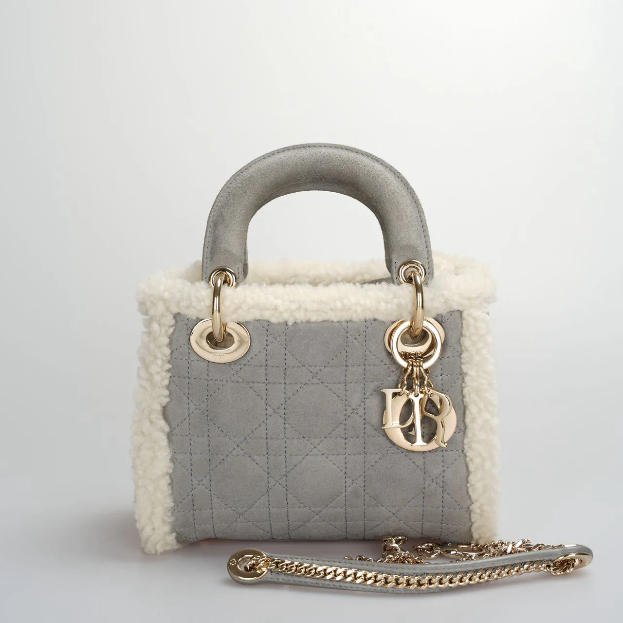 used-Christian Dior Lady Dior Pre-Owned 2020 Mini Suede Shearling Cannage Lady Dior satchel-MILOURA
