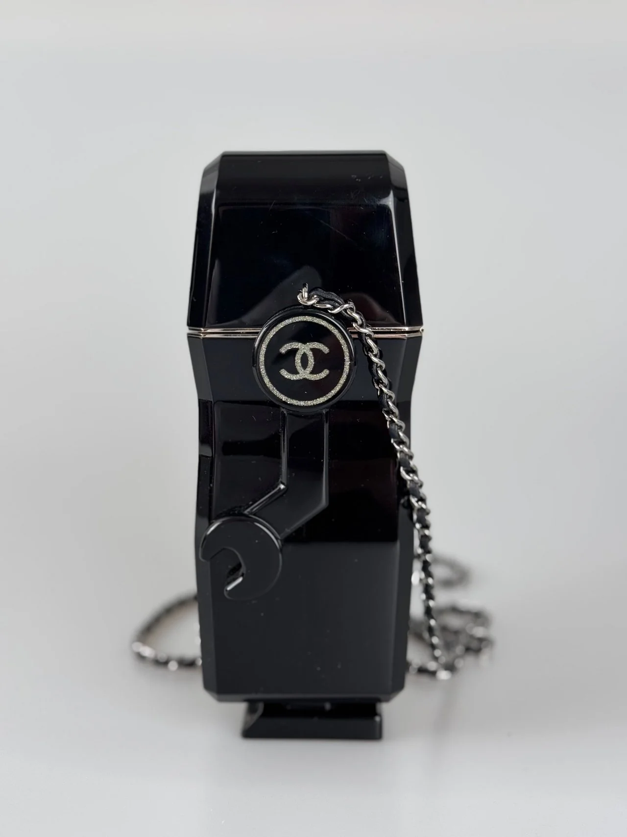 used-Chanel Plexiglass Crystal Robot Minaudiere Clutch Black-MILOURA
