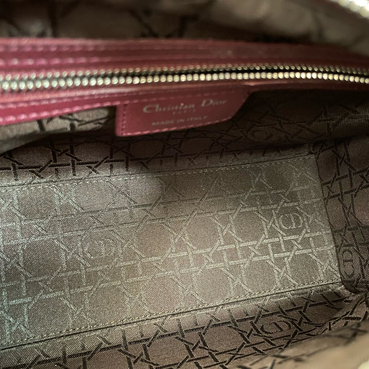 used-Christian Dior Burgundy Lady Dior Bag in Cannage Lambskin Leather with Silver Hardware Medium-MILOURA