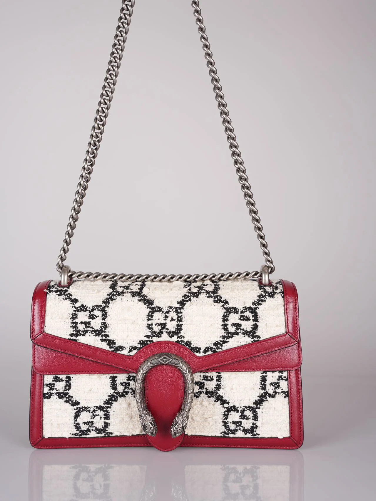 used-Gucci Tweed Monogram Small Dionysus Shoulder Bag in White/Black/Romantic Cherry-MILOURA