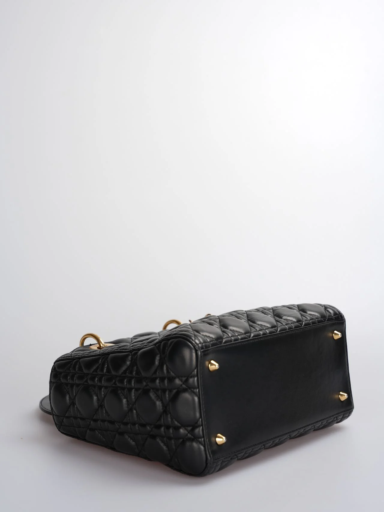 used-Christian Dior Black Medium Lady Dior Bag in Cannage Lambskin Leather with Gold Hardware-MILOURA