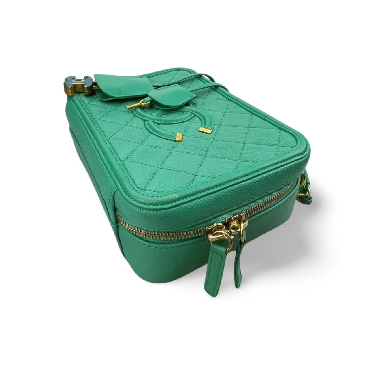 used-Chanel Vanity Case Bag in Caviar Leather Brushed Gold Hardware Mint Green Medium-MILOURA