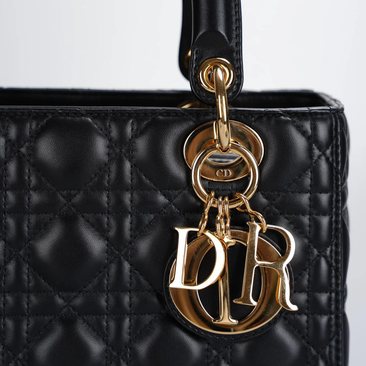 used-Christian Dior Black Medium Lady Dior Bag in Cannage Lambskin Leather with Gold Hardware-MILOURA