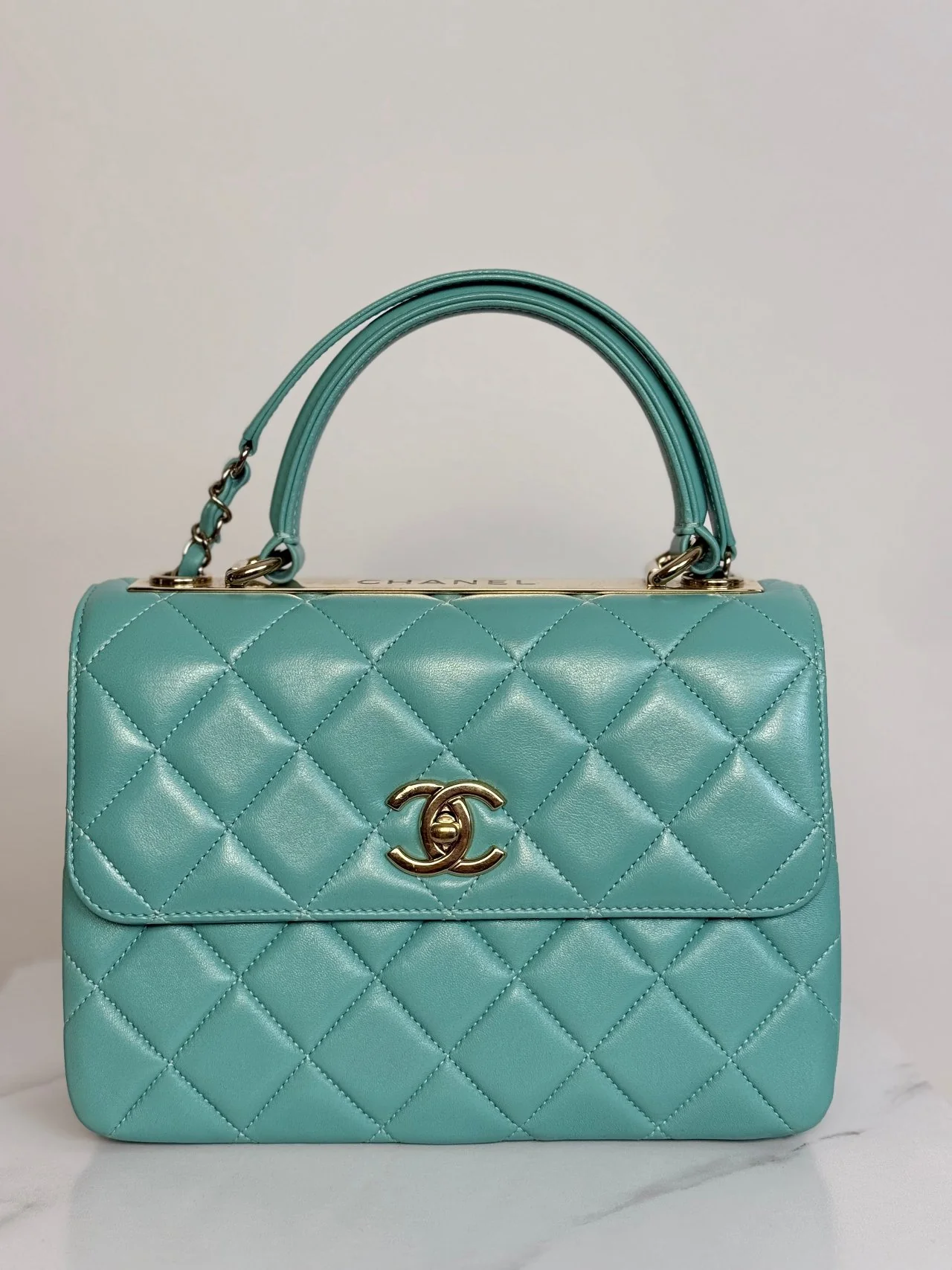 Chanel Small Trendy CC Bag in Light Green Lambskin Leather with Gold Hardware Front miloura