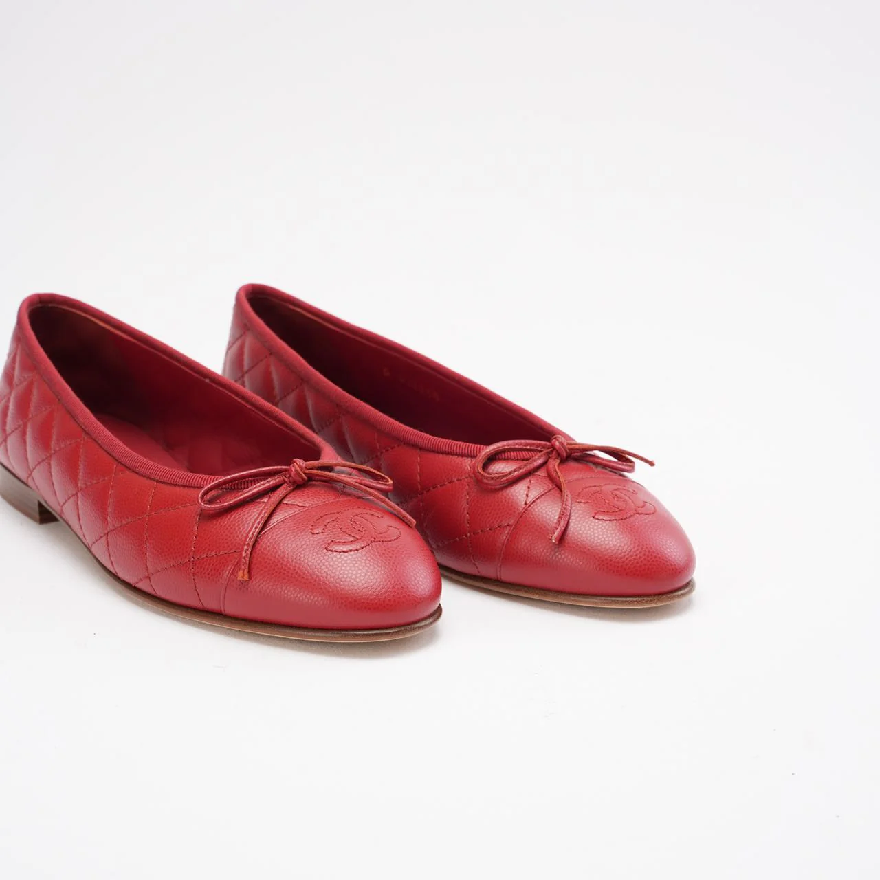 Chanel Red Leather CC Cap Toe Ballet Flats Size 38
