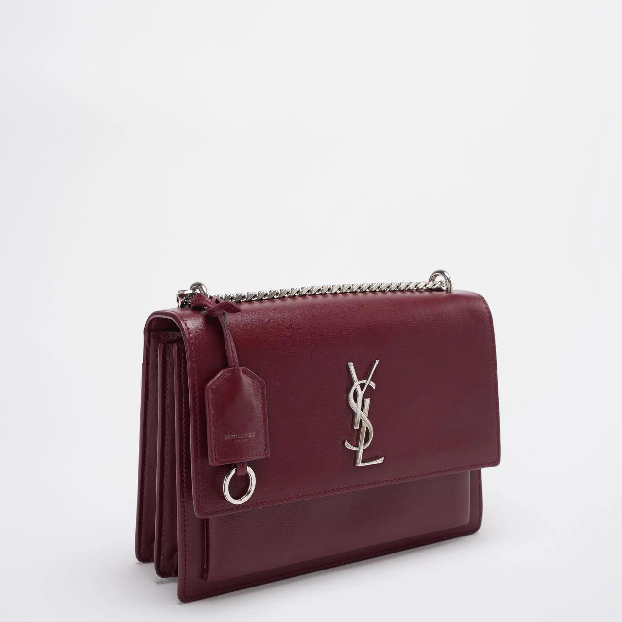 Saint Laurent Sunset Bag Burgundy Box Leder with Silver Hardware Medium