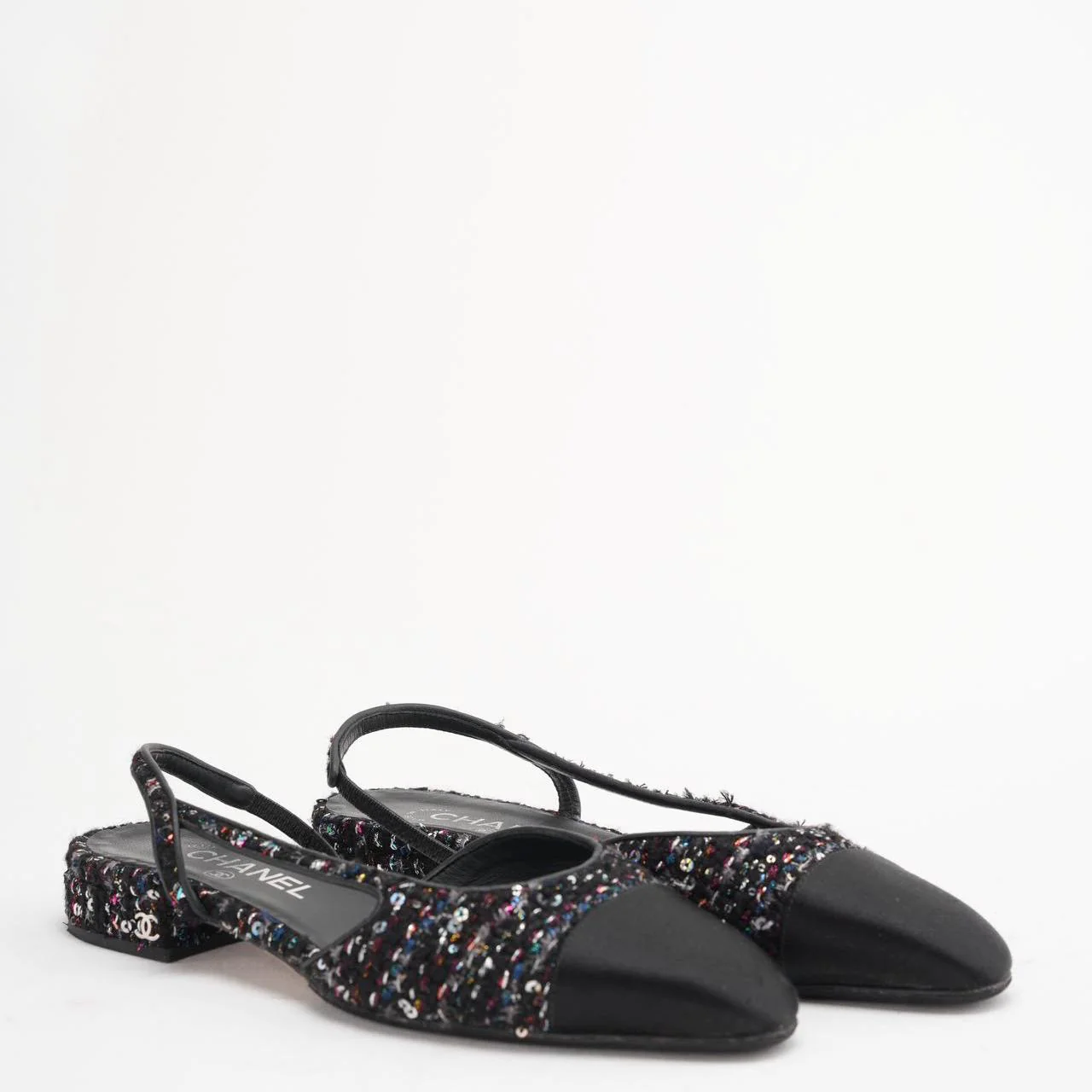 Chanel Schwarzer Slingback mit Pailletten und Kappe CC Glitzer-Tweed 38