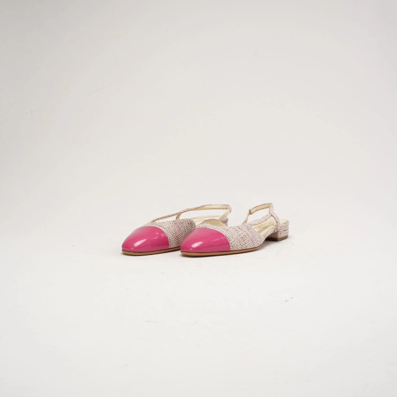 Chanel Pink CC Logo Tweed Leather Slingback Flats Size 38 C
